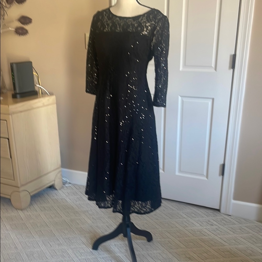 S.L. Fashions Black and Tan A-Line Cocktail Dress with 3/4 Sleeves